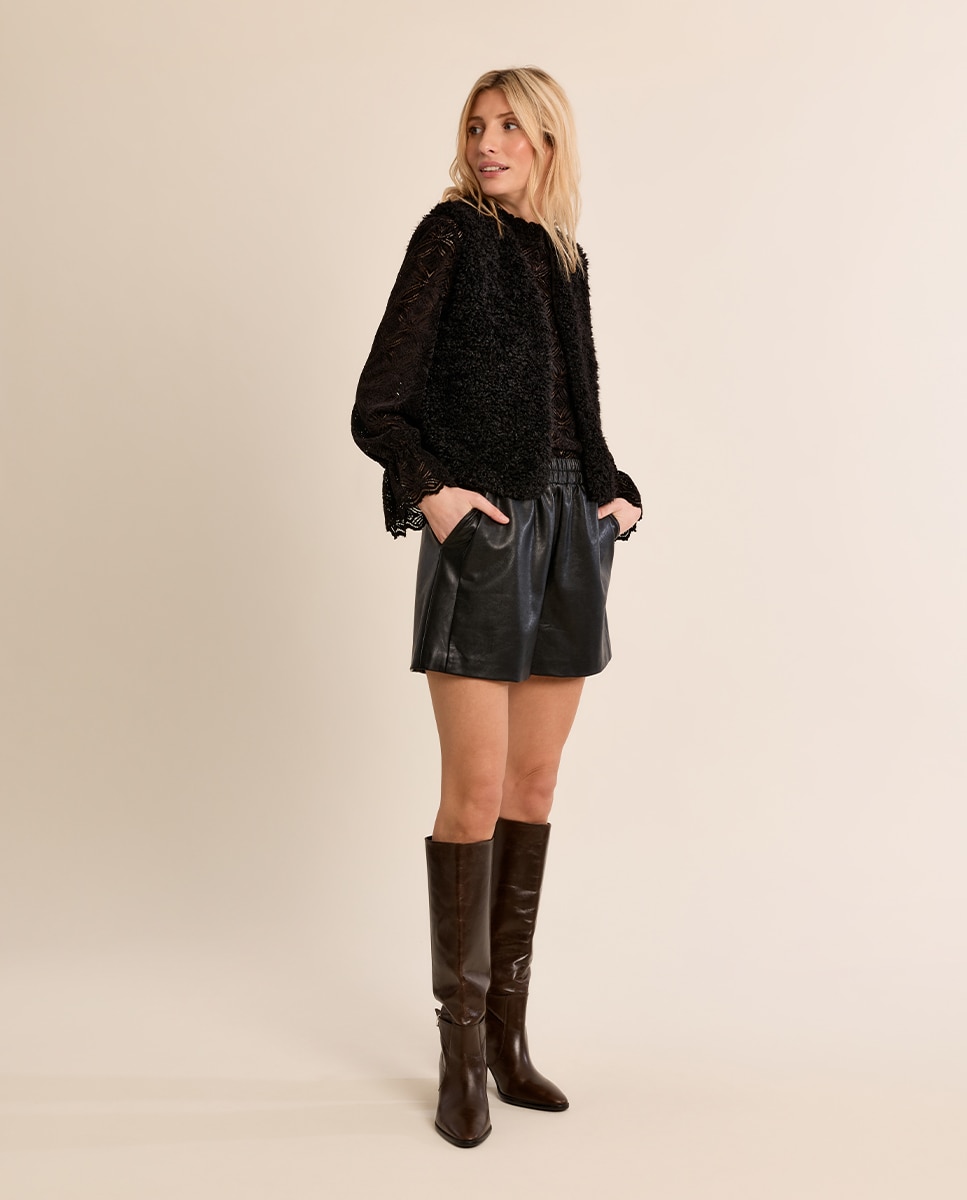 Chaleco de mujer corto en tejido de peluche - Molly Bracken - Negro Negro-1