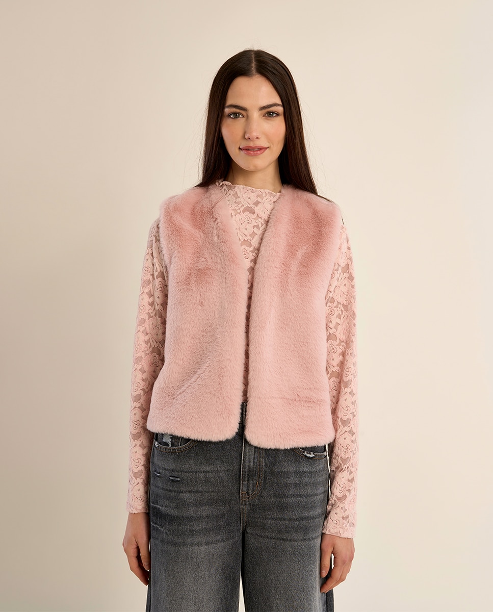 Chaleco de mujer corto en tejido de peluche - Molly Bracken - Rosa Rosa-2