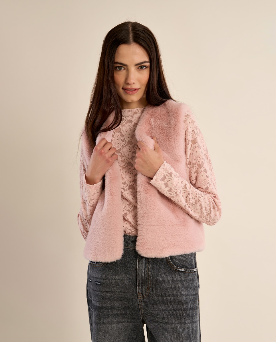Chaleco de mujer corto en tejido de peluche - Molly Bracken - Rosa Rosa-3