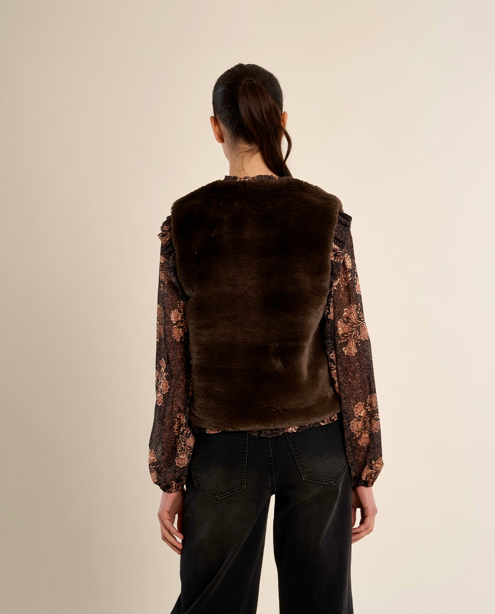 Chaleco de mujer corto en tejido de peluche - Molly Bracken - Marrón chocolate Marrón chocolate-4