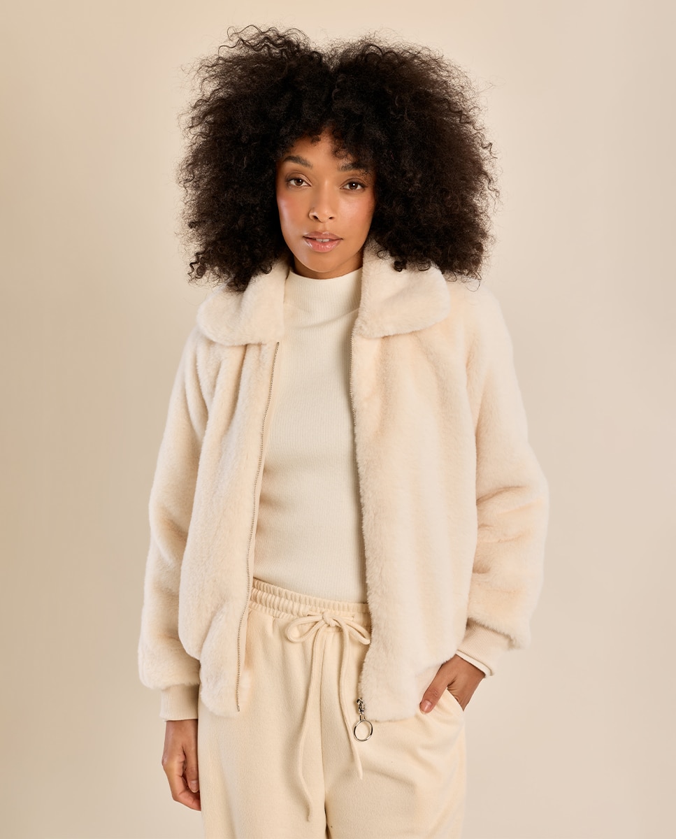 Chaqueta de mujer de manga larga de peluche - Molly Bracken - Crema Crema-3