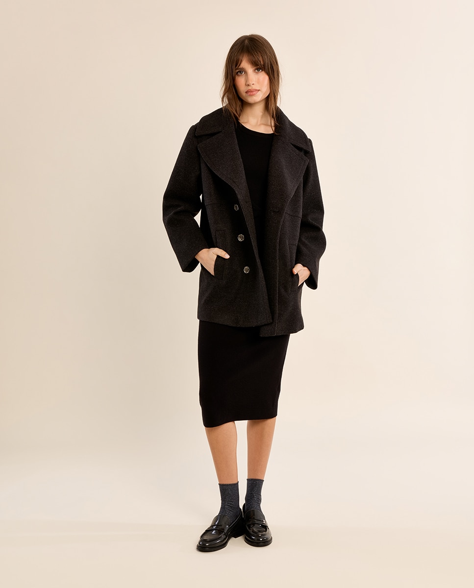 Abrigo de mujer corto con cuello y solapa - Molly Bracken - Negro Negro-1