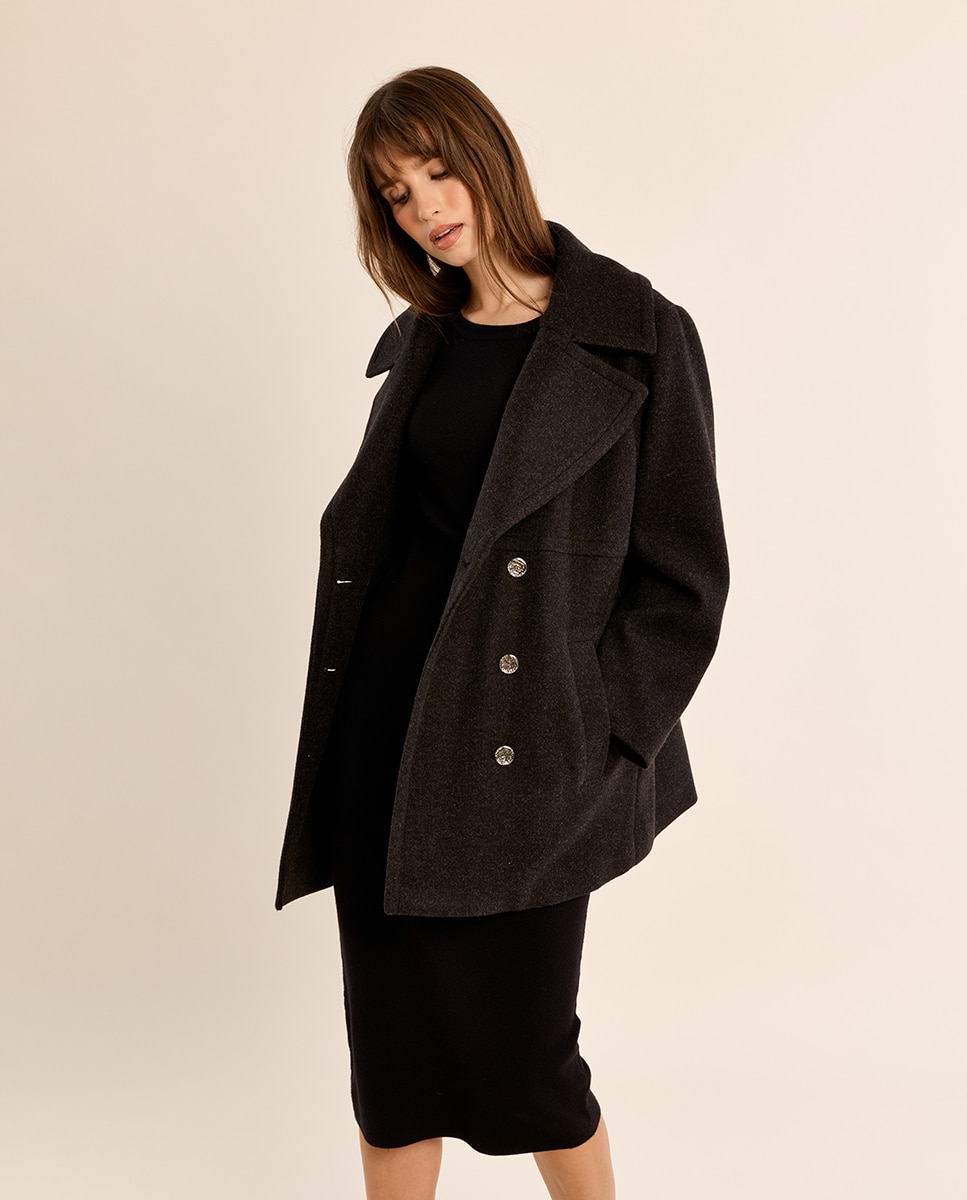 Abrigo de mujer corto con cuello y solapa - Molly Bracken - Negro Negro-3