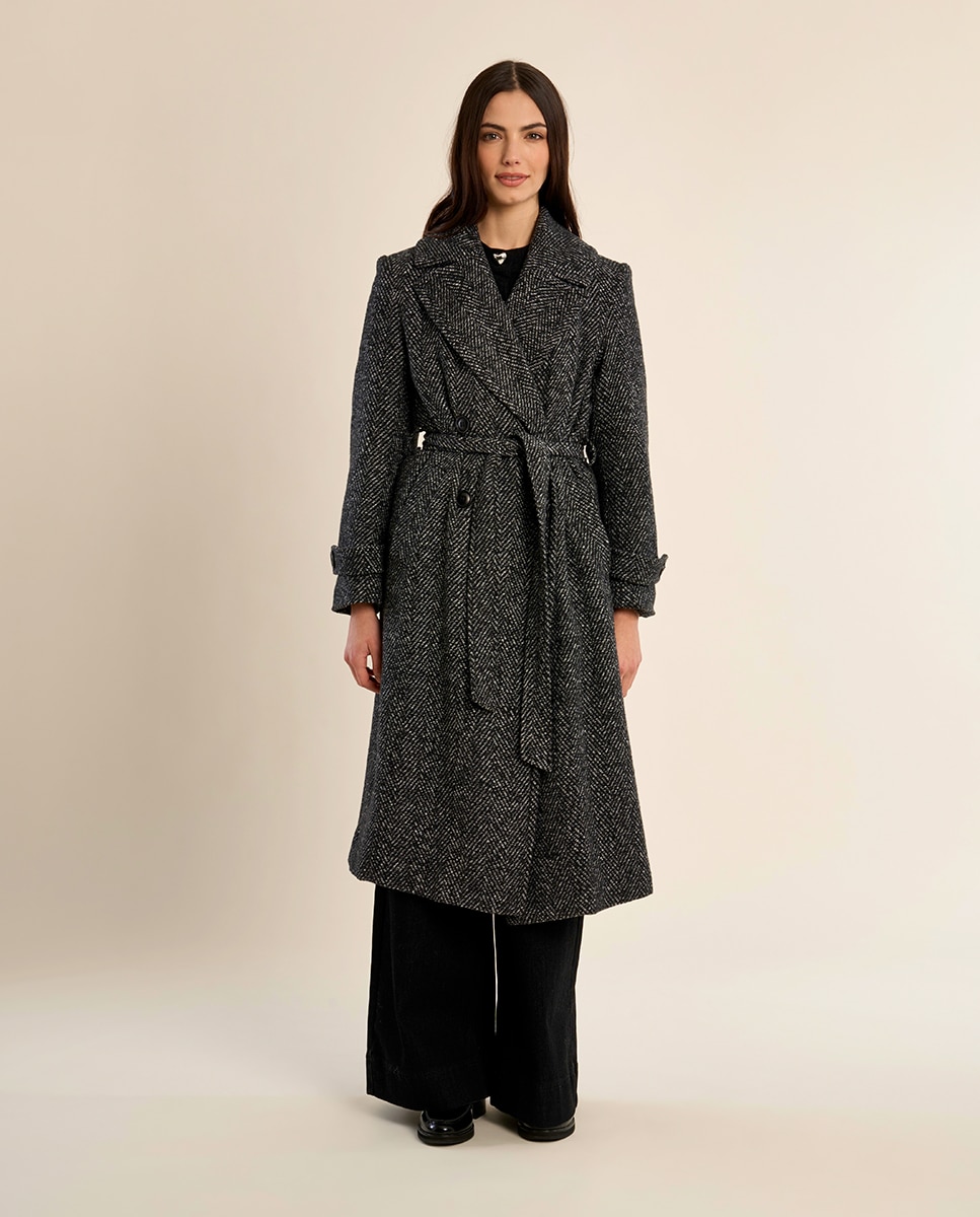 Abrigo de mujer largo con cuello y solapa - Molly Bracken - Negro Negro-2