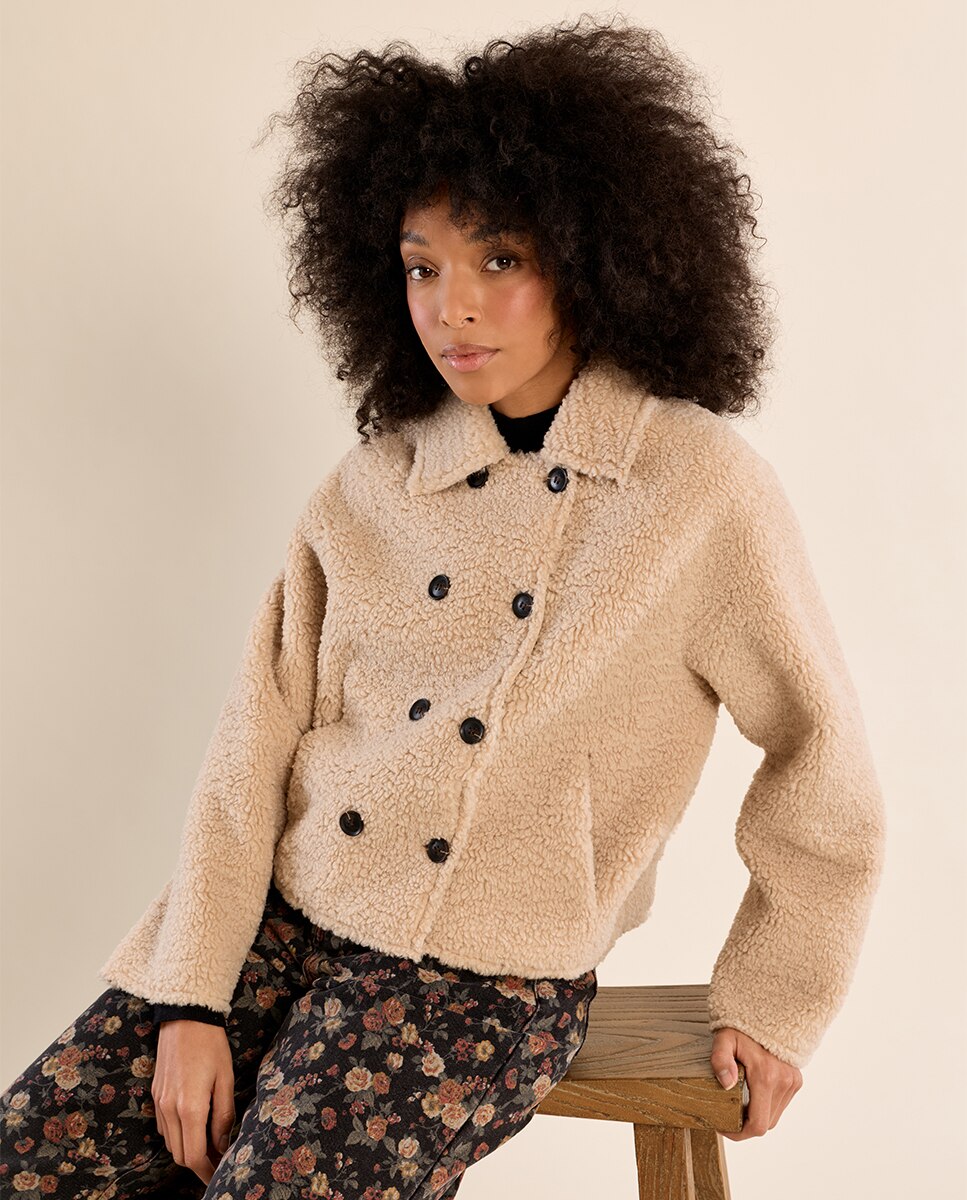 Abrigo de mujer de manga larga de borreguito - Molly Bracken - Beige Beige-3