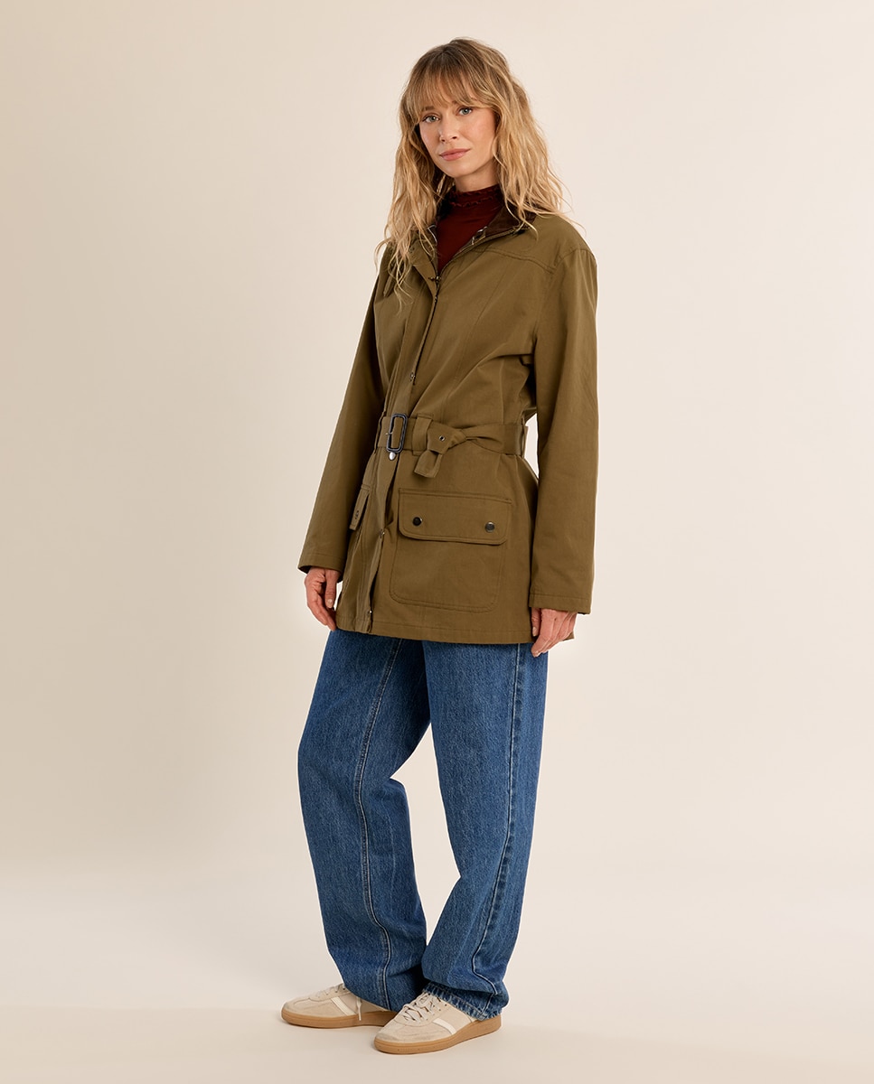 Parka de mujer con cuello solapa y cinturón - Molly Bracken - Kaki Kaki-1
