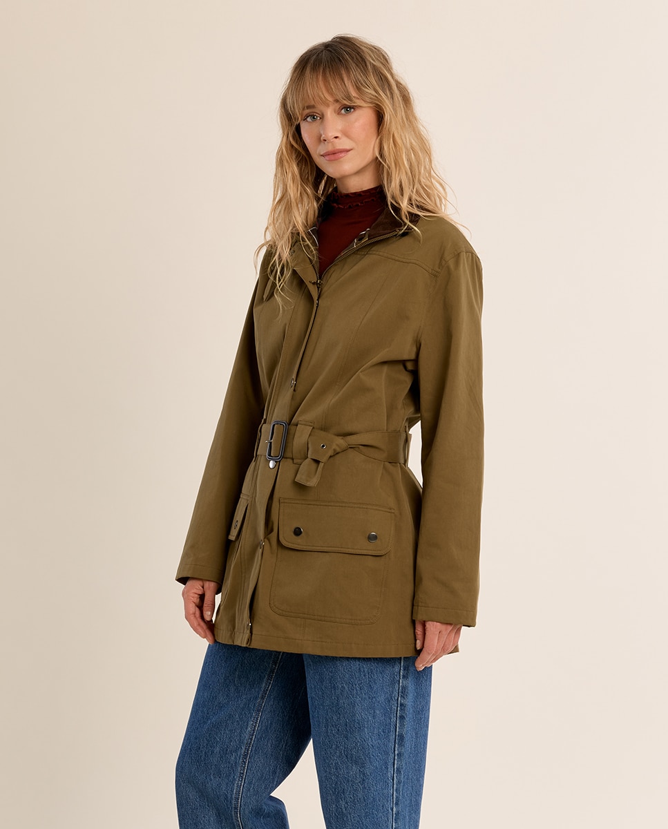 Parka de mujer con cuello solapa y cinturón - Molly Bracken - Kaki Kaki-3