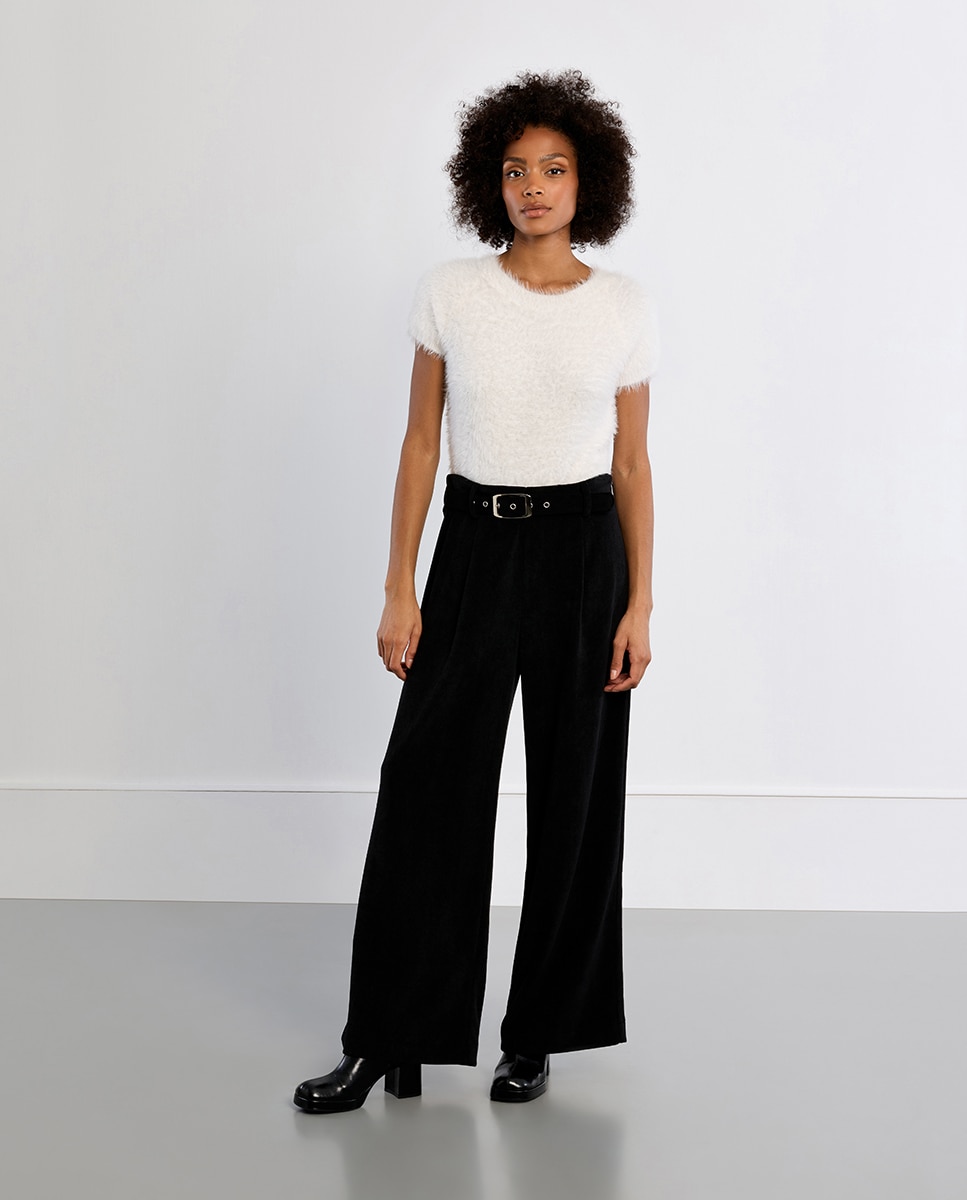 Pantalón de mujer largo tipo cullote con cinturón - Lili Sidonio - Negro Negro-1