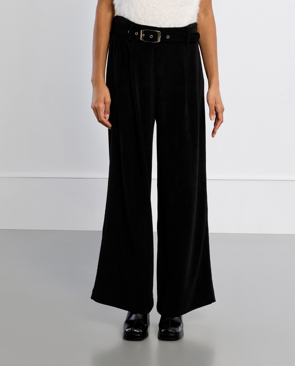 Pantalón de mujer largo tipo cullote con cinturón - Lili Sidonio - Negro Negro-2