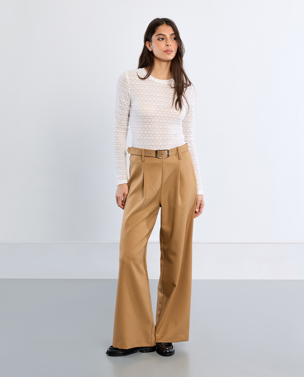 Pantalón de mujer largo tipo cullote con cinturón - Lili Sidonio - Beige Beige-1