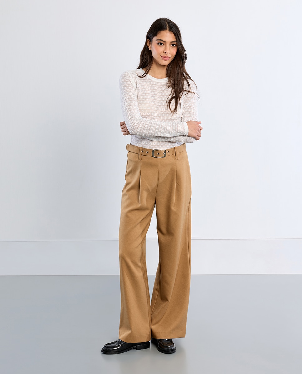 Pantalón de mujer largo tipo cullote con cinturón - Lili Sidonio - Beige Beige-2