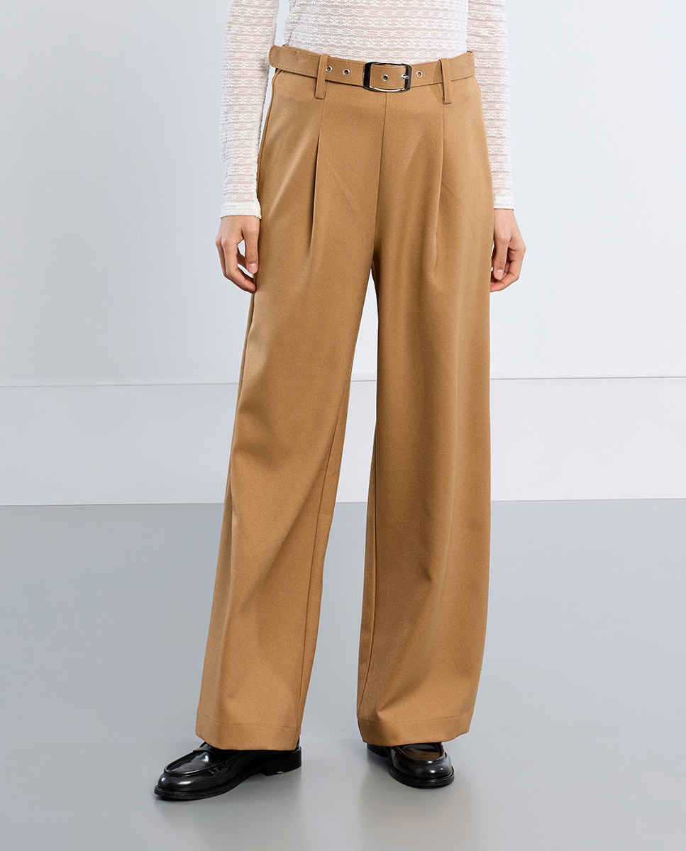 Pantalón de mujer largo tipo cullote con cinturón - Lili Sidonio - Beige Beige-3