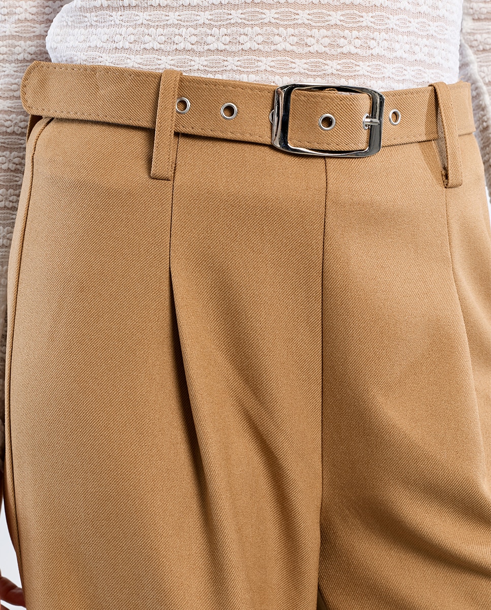 Pantalón de mujer largo tipo cullote con cinturón - Lili Sidonio - Beige Beige-5