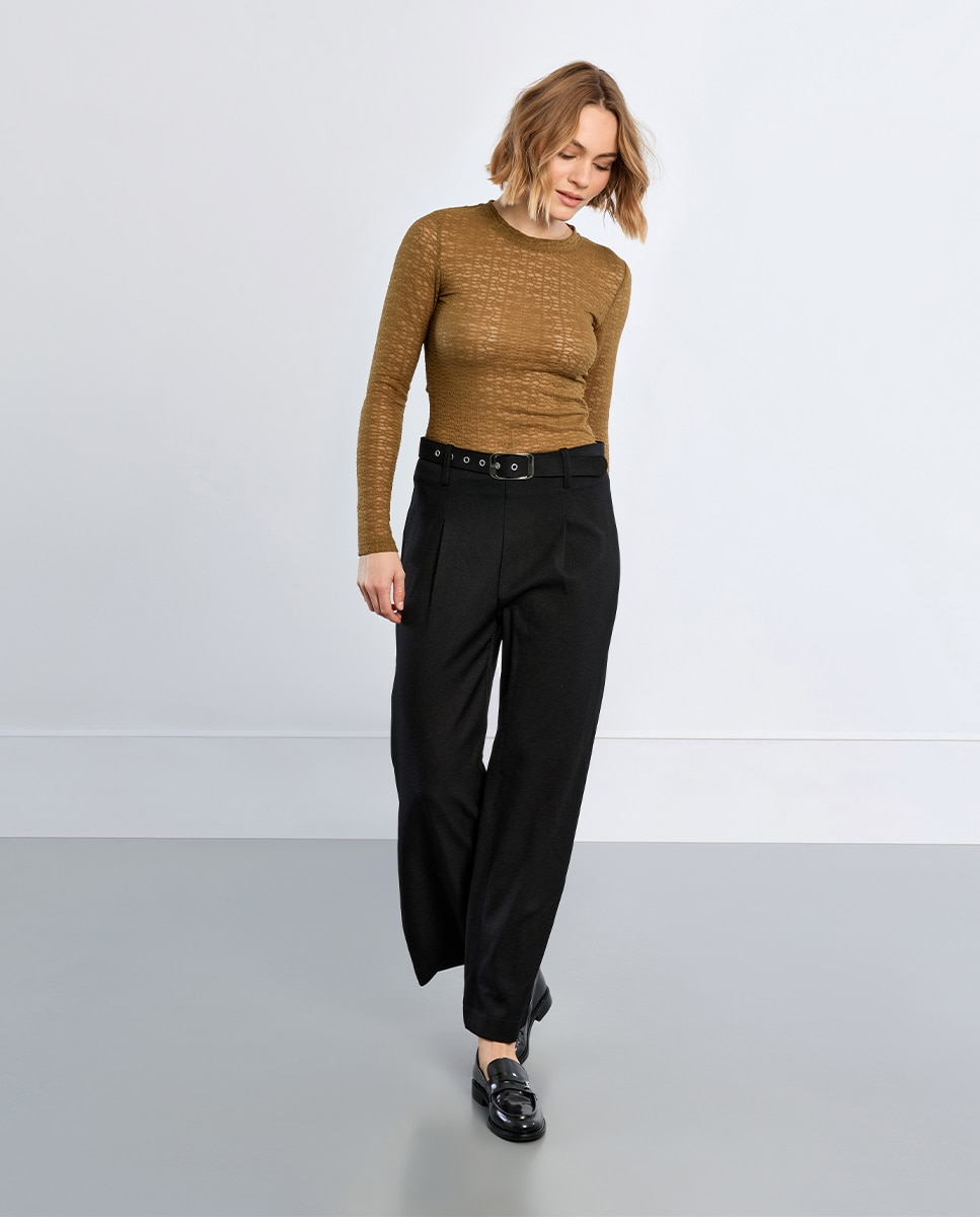 Pantalón de mujer largo tipo cullote con cinturón - Lili Sidonio - Negro Negro-1