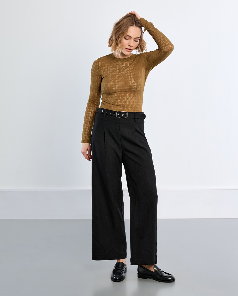Pantalón de mujer largo tipo cullote con cinturón - Lili Sidonio - Negro Negro-2