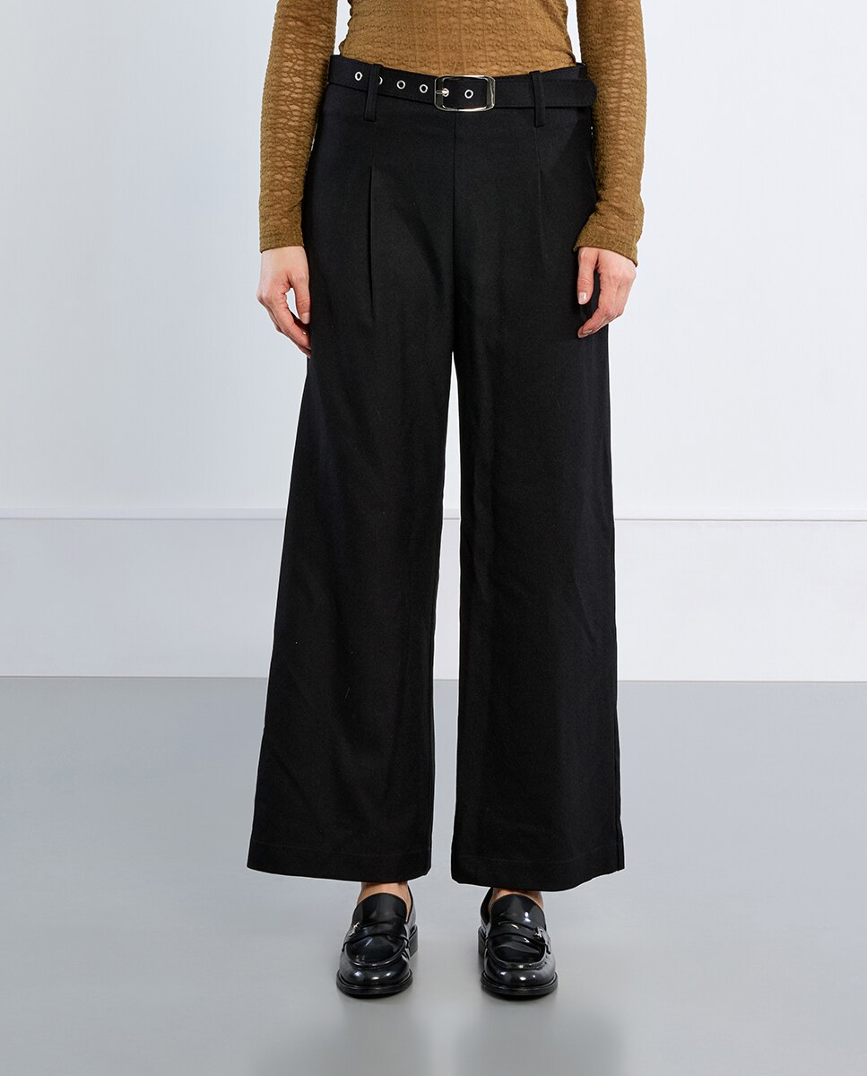 Pantalón de mujer largo tipo cullote con cinturón - Lili Sidonio - Negro Negro-3