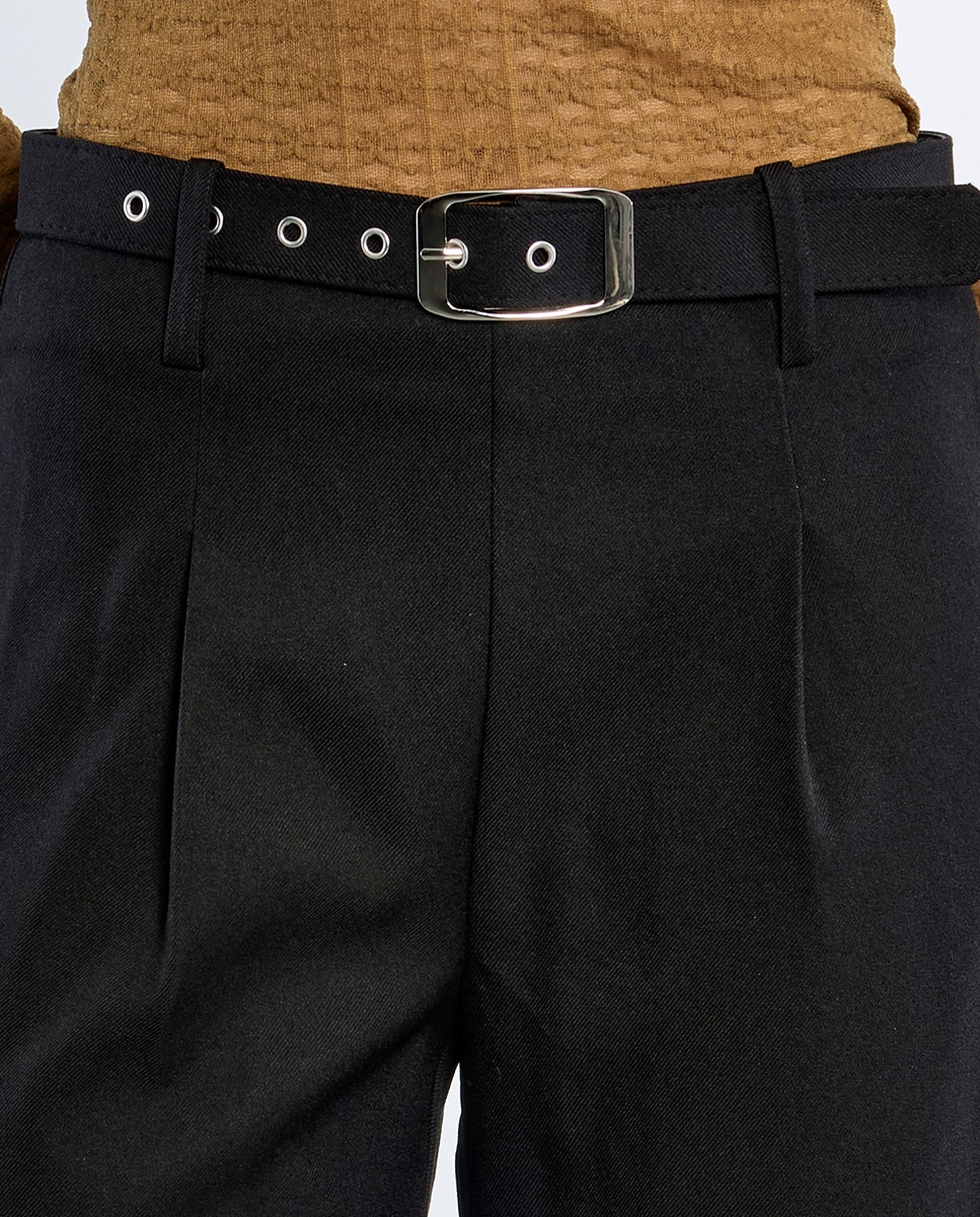 Pantalón de mujer largo tipo cullote con cinturón - Lili Sidonio - Negro Negro-5