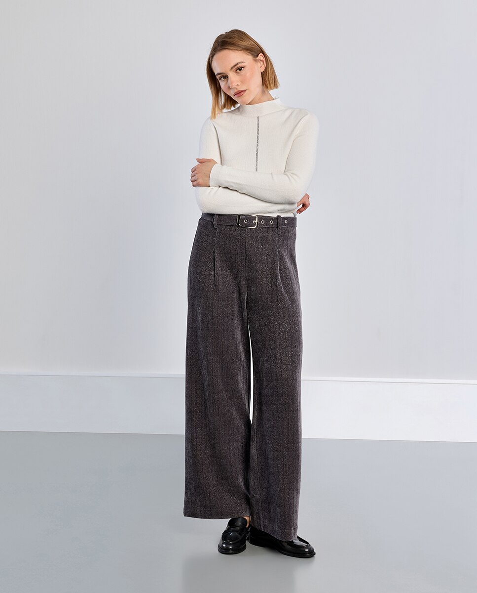 Pantalón de mujer largo tipo cullote con cinturón - Lili Sidonio - Gris Gris-2
