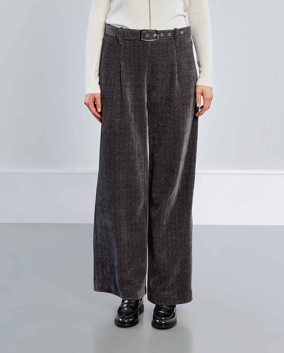 Pantalón de mujer largo tipo cullote con cinturón - Lili Sidonio - Gris Gris-3
