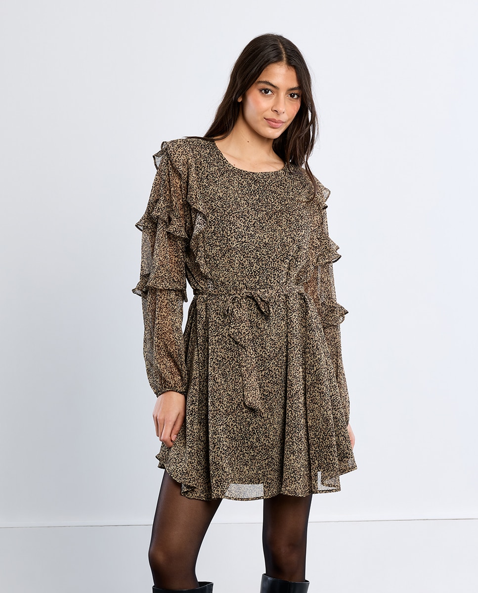 Vestido corto de manga larga con estampado - Lili Sidonio - Verde Verde-3