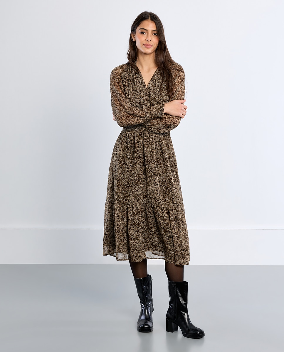 Vestido largo con estampado y volantes - Lili Sidonio - Verde Verde-1