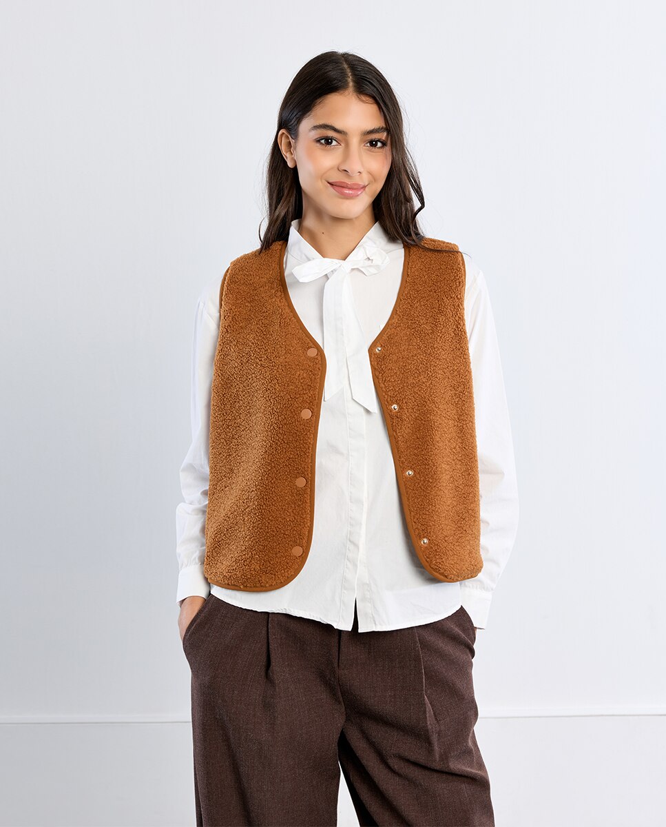 Chaleco de mujer en tejido de borreguito - Lili Sidonio - Camel Camel-1