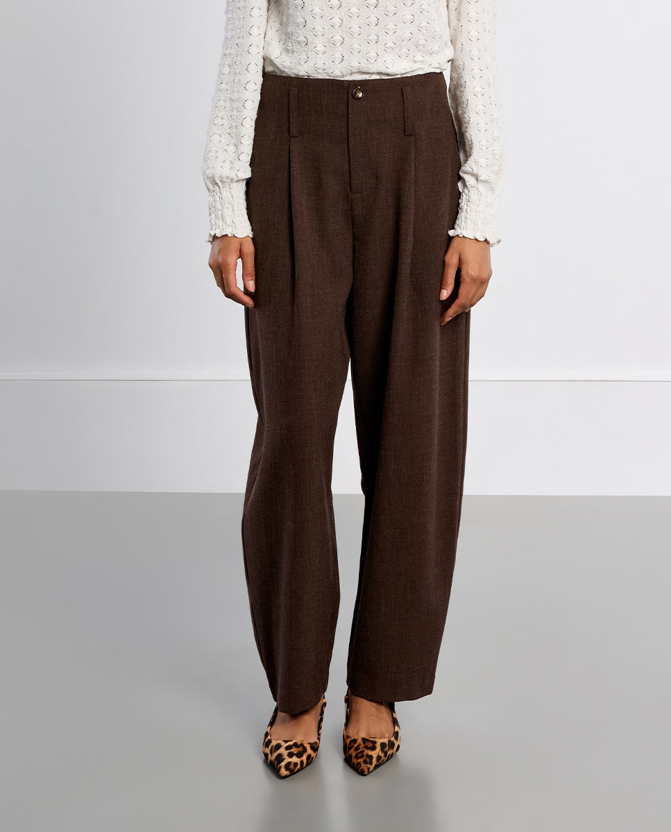 Pantalón de mujer largo tipo cullote detalle pliegues - Lili Sidonio - Marrón Marrón-2