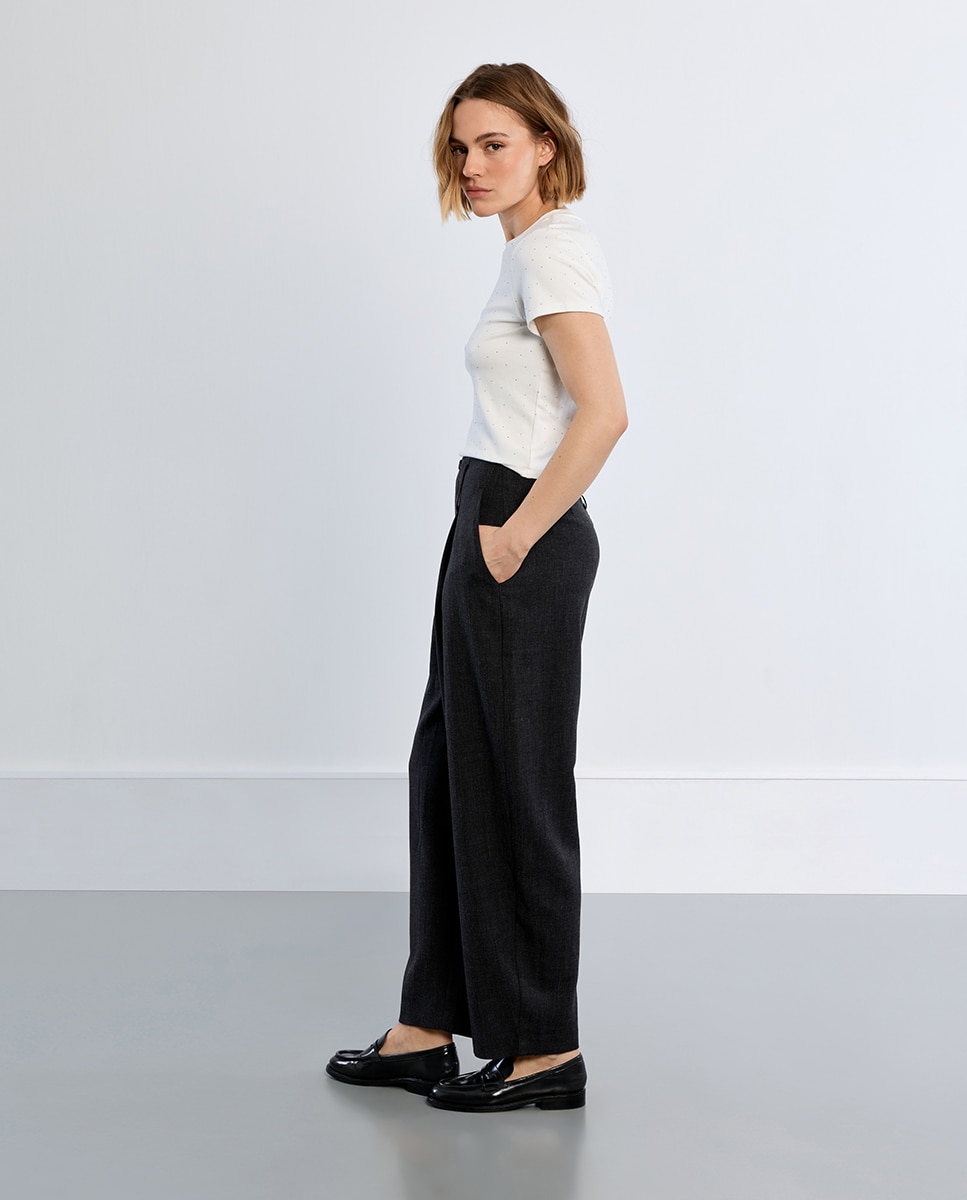 Pantalón de mujer largo tipo cullote detalle pliegues - Lili Sidonio - Negro Negro-1