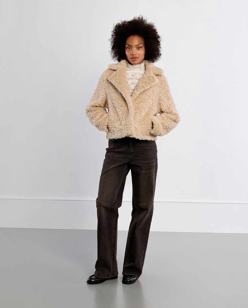 Chaqueta de mujer de borrego con cuello y solapa - Lili Sidonio - Beige Beige-1