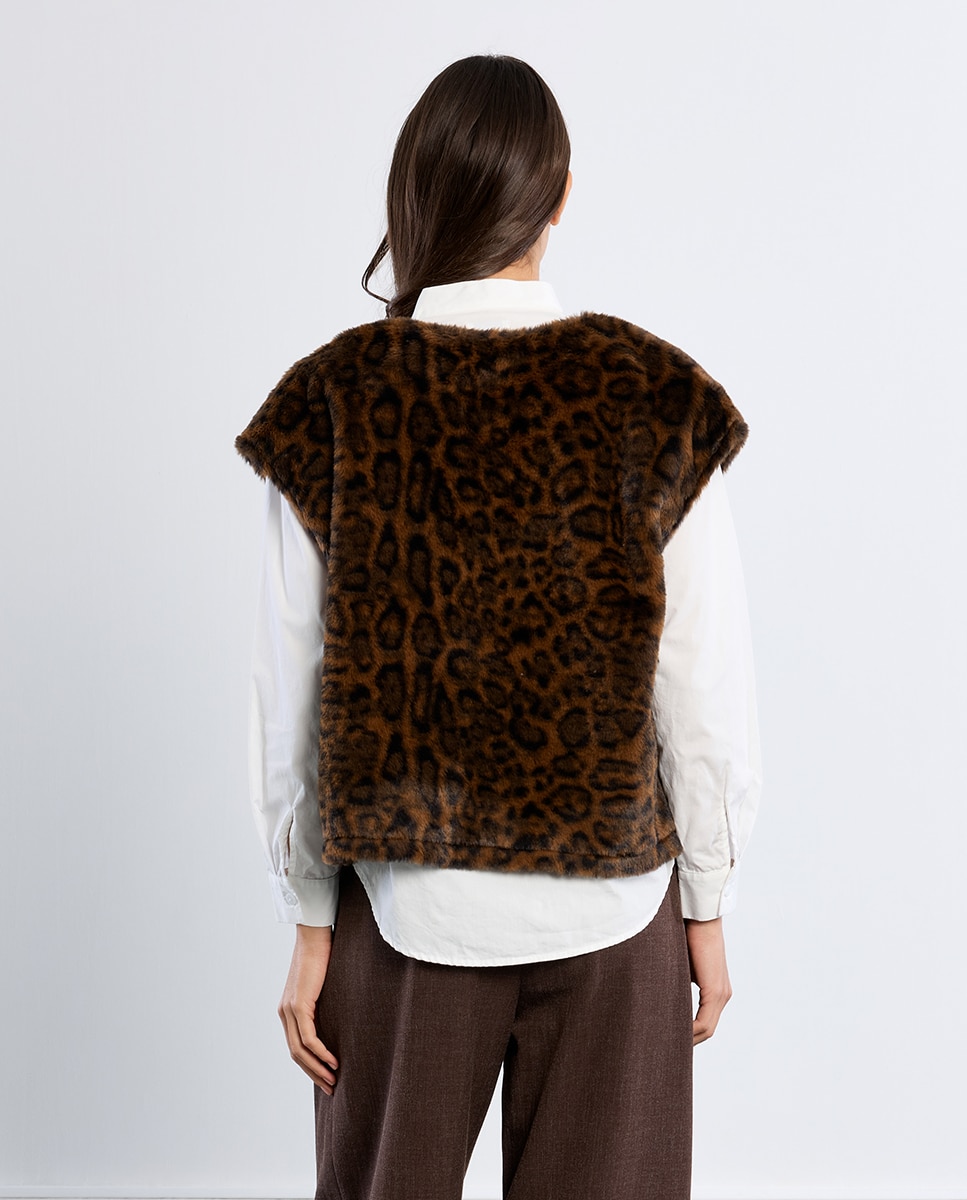 Chaleco de mujer corto en tejido de peluche con estampado - Lili Sidonio - Marrón Marrón-4