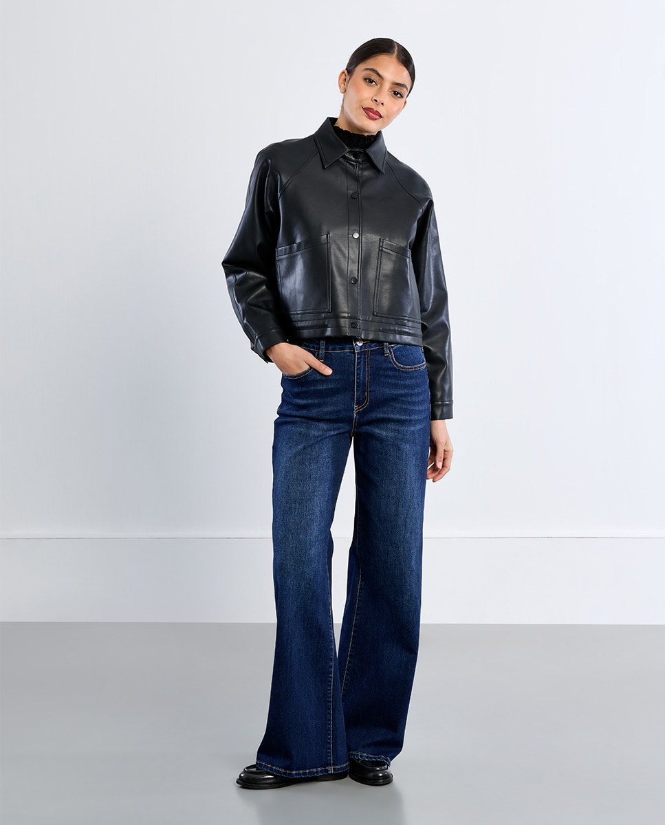 Chaqueta de mujer corta efecto cuero - Lili Sidonio - Negro Negro-1