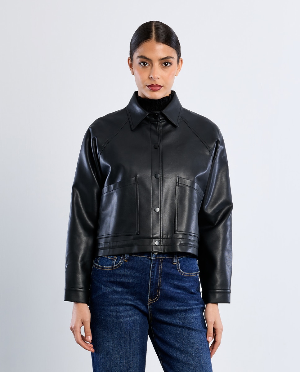 Chaqueta de mujer corta efecto cuero - Lili Sidonio - Negro Negro-2