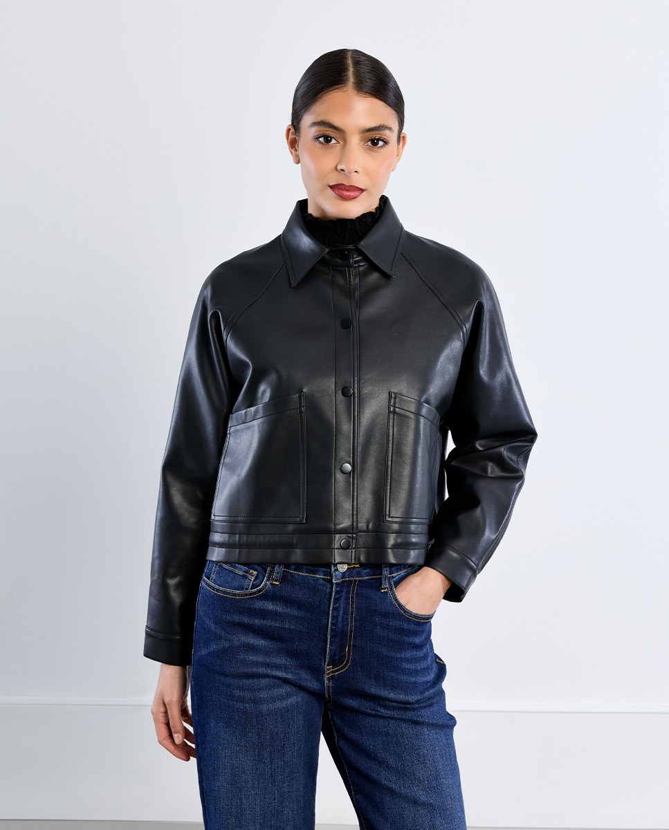 Chaqueta de mujer corta efecto cuero - Lili Sidonio - Negro Negro-3