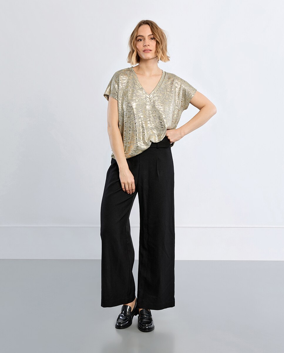 Camiseta de mujer de manga corta en tejido brillante - Lili Sidonio - Oro Oro-2