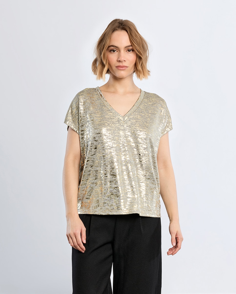 Camiseta de mujer de manga corta en tejido brillante - Lili Sidonio - Oro Oro-3
