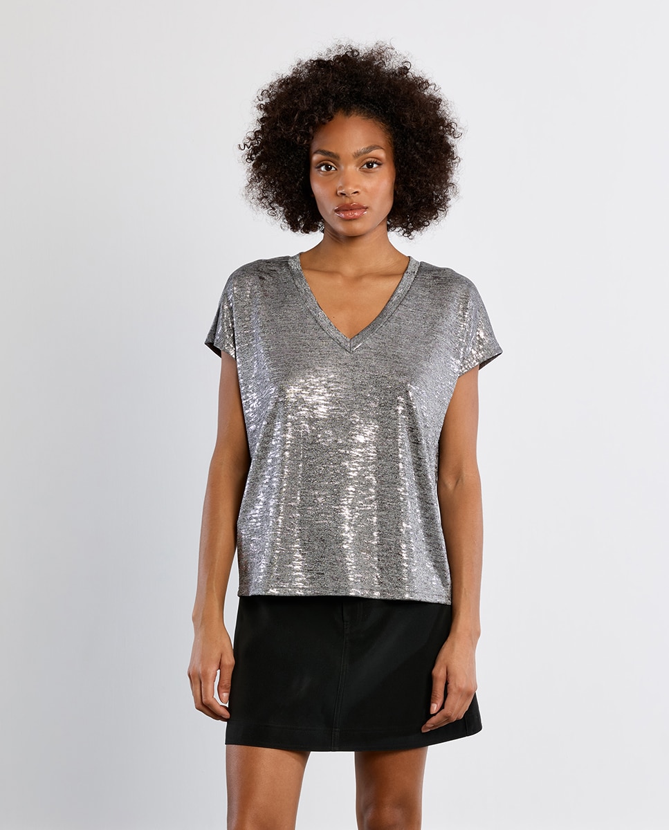 Camiseta de mujer de manga corta en tejido brillante - Lili Sidonio - Gris Gris-1