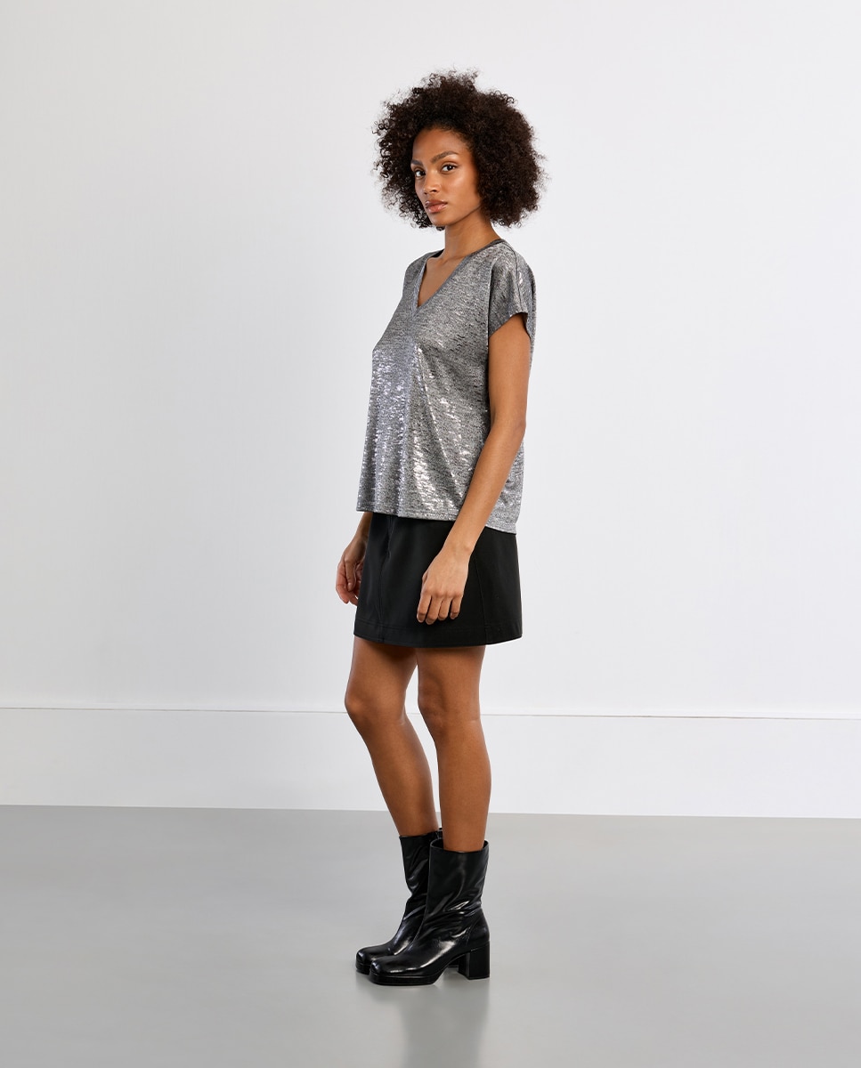 Camiseta de mujer de manga corta en tejido brillante - Lili Sidonio - Gris Gris-2