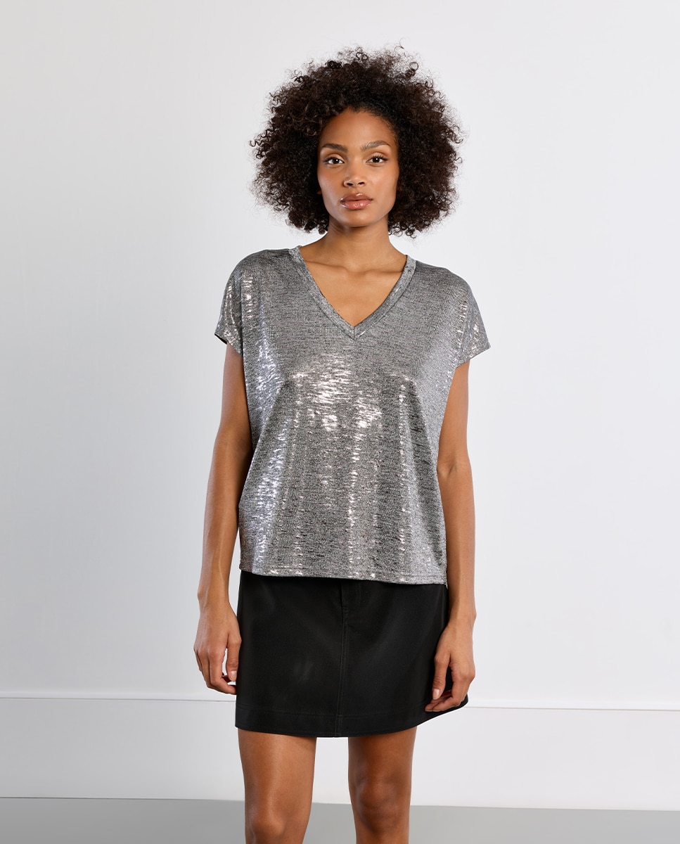 Camiseta de mujer de manga corta en tejido brillante - Lili Sidonio - Gris Gris-3