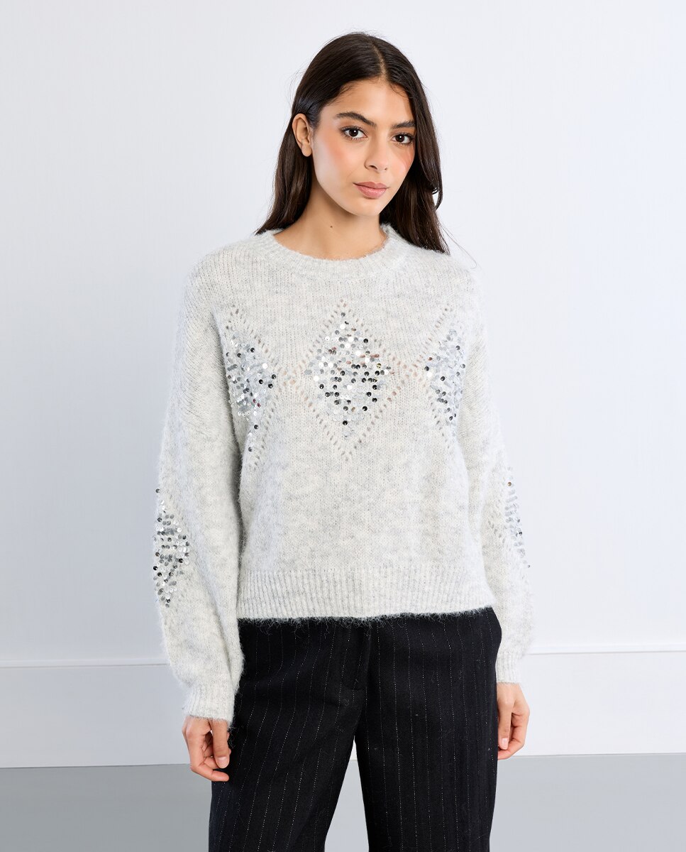 Jersey de mujer de manga larga detalle lentejuelas - Lili Sidonio - Gris Gris-2