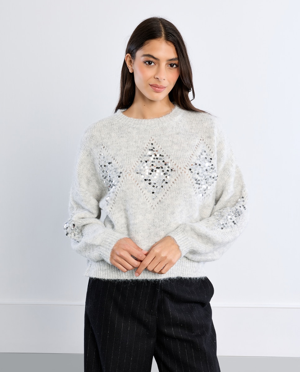 Jersey de mujer de manga larga detalle lentejuelas - Lili Sidonio - Gris Gris-3