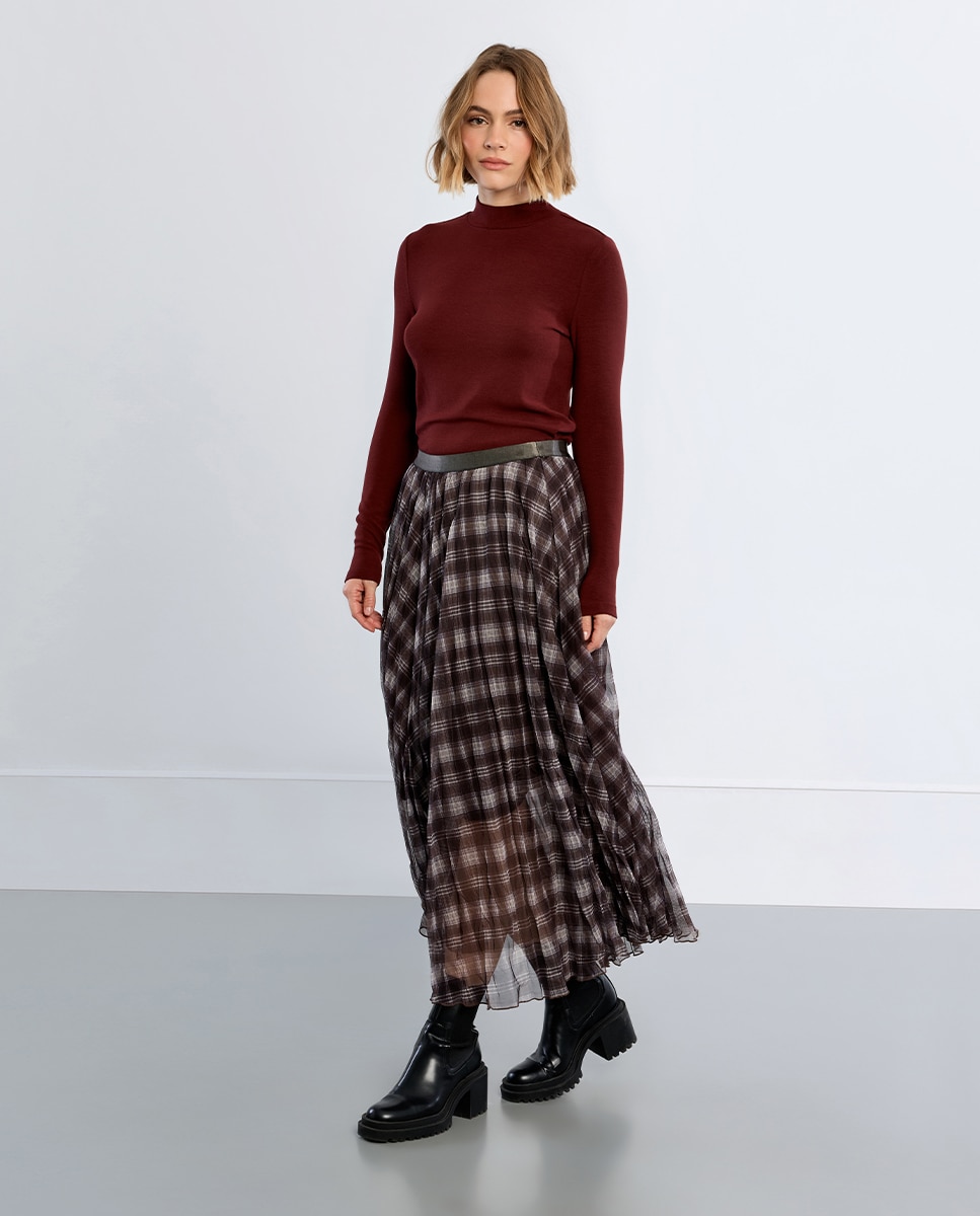 Falda larga plisada con estampado - Lili Sidonio - Marrón Marrón-1