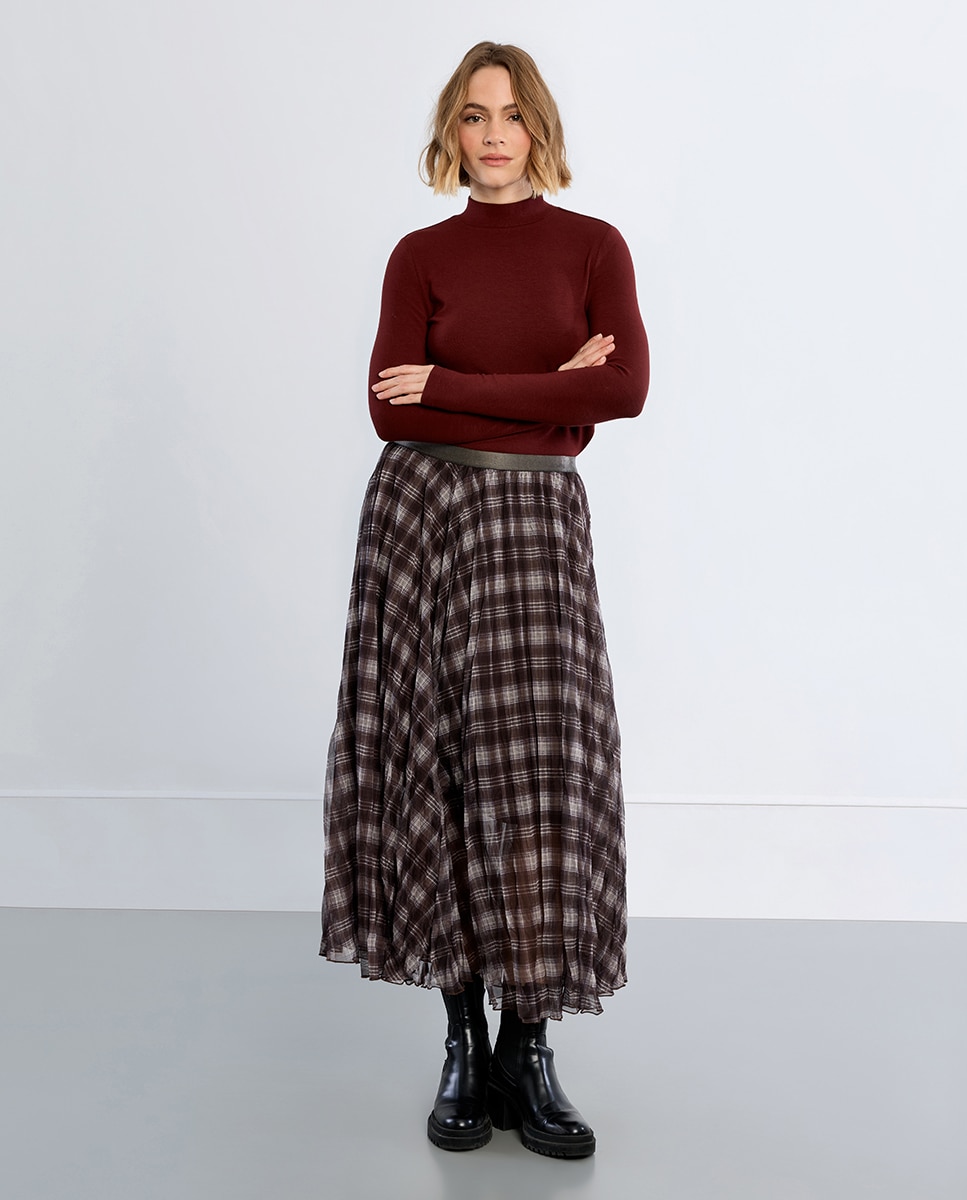 Falda larga plisada con estampado - Lili Sidonio - Marrón Marrón-2
