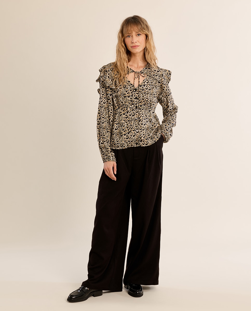 Blusa de mujer de manga larga con estampado - Molly Bracken - Negro Negro-1