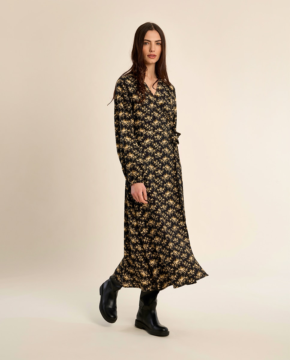 Vestido largo con estampado y volantes - Molly Bracken - Negro Negro-1