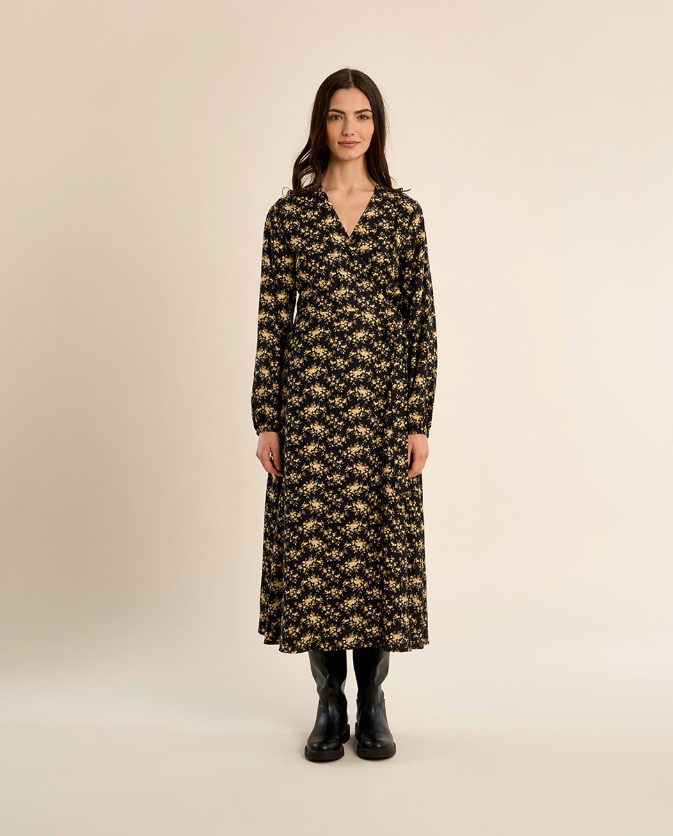 Vestido largo con estampado y volantes - Molly Bracken - Negro Negro-2