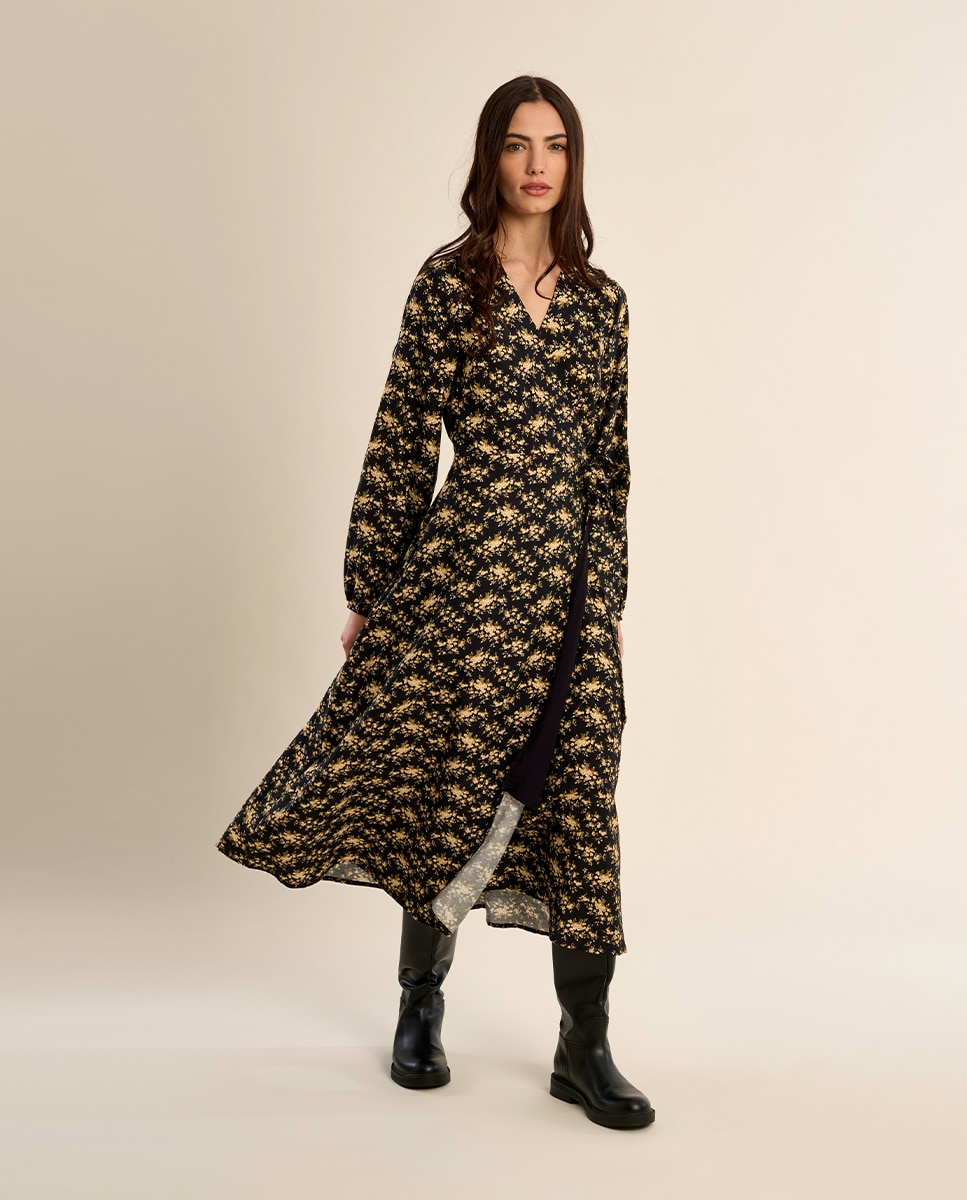 Vestido largo con estampado y volantes - Molly Bracken - Negro Negro-3