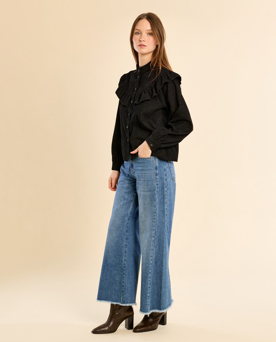 Camisa de mujer de manga larga detalle volantes - Molly Bracken - Negro Negro-1