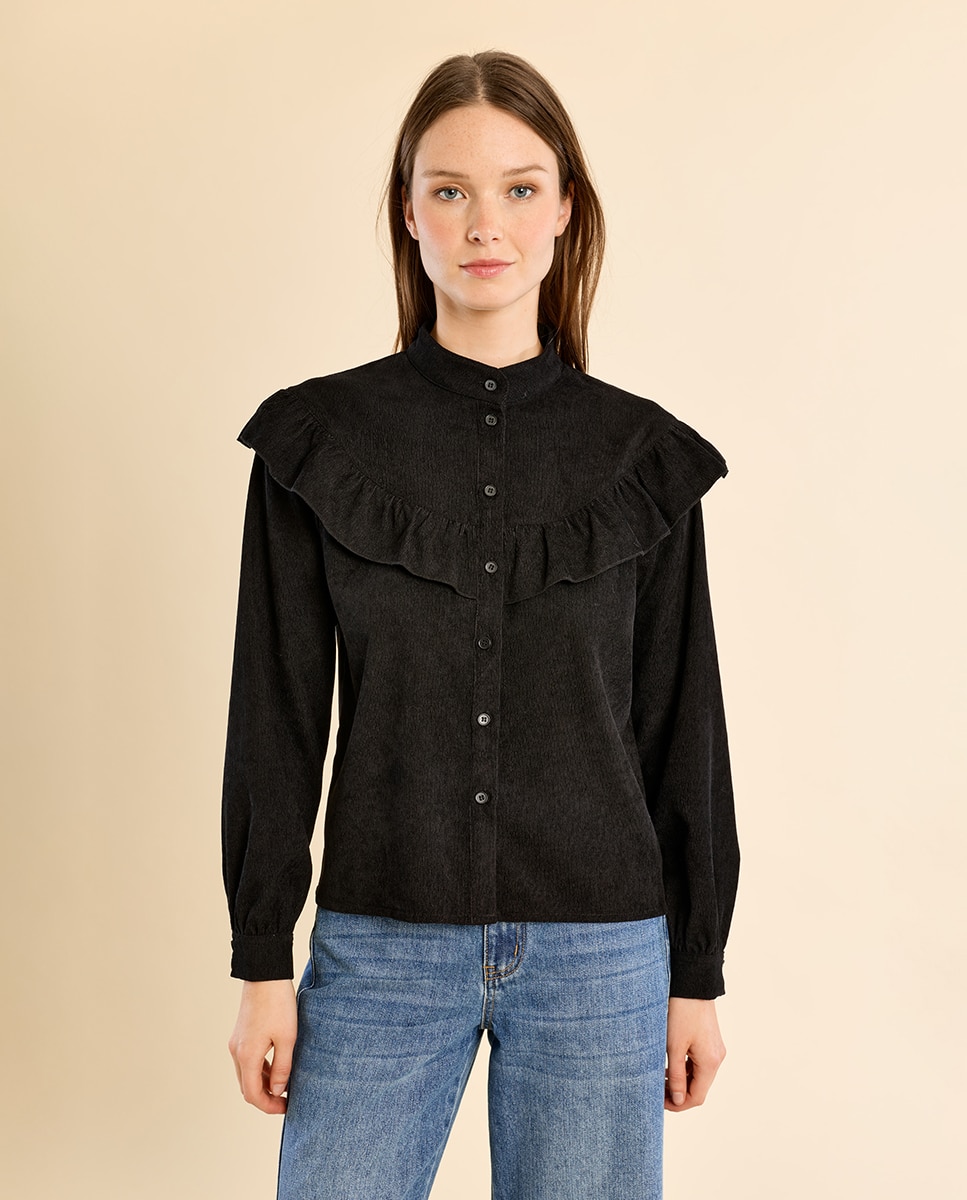 Camisa de mujer de manga larga detalle volantes - Molly Bracken - Negro Negro-2
