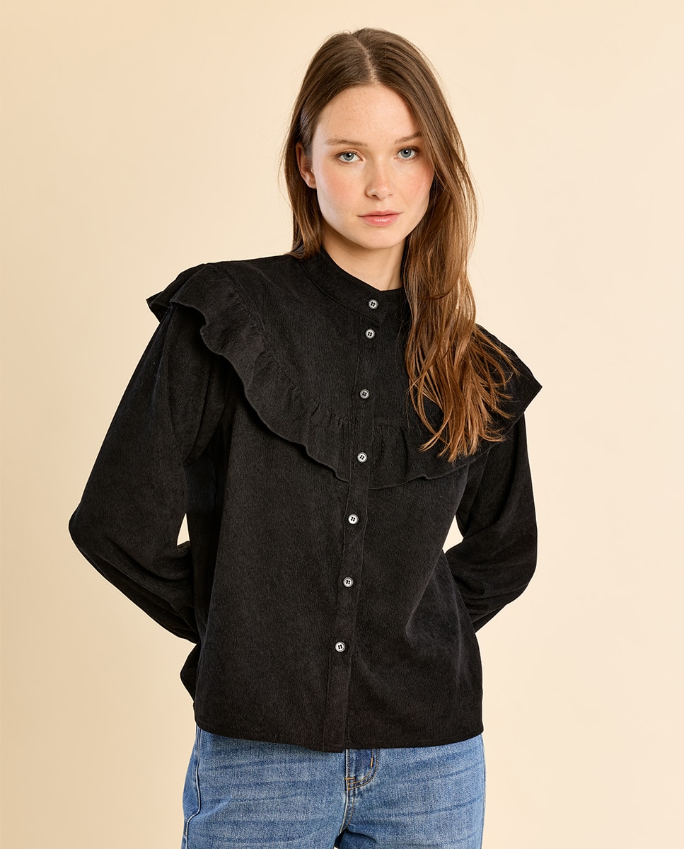 Camisa de mujer de manga larga detalle volantes - Molly Bracken - Negro Negro-3
