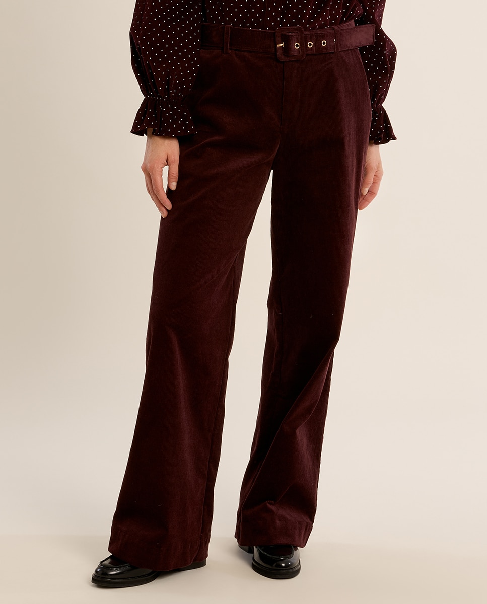 Pantalón de mujer largo detalle pliegues - Molly Bracken - Burdeos Burdeos-2